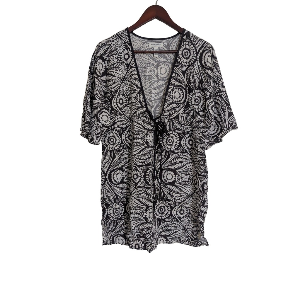 Banana Republic Womens Black White Paisley Tunic Top Tie V-Neck Rayon Size M